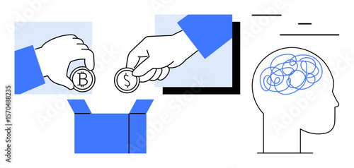Hands inserting Bitcoin and dollar coins into a donation box, abstract brain sketch signifying thought process and decision-making. Ideal for finance, donation, charity, cryptocurrency, psychology