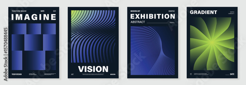 Modern gradient poster on dark background vector set. Cover template with vibrant perspective geometric shapes different. Modern Design for wall art, flyers, brochures, covers and web banners.