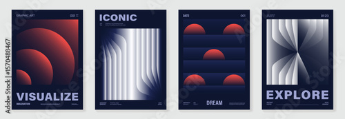 Modern gradient poster on dark background vector set. Cover template with vibrant perspective geometric shapes different. Modern Design for wall art, flyers, brochures, covers and web banners.