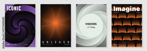 Modern gradient poster on dark background vector set. Cover template with vibrant perspective geometric shapes different. Modern Design for wall art, flyers, brochures, covers and web banners.
