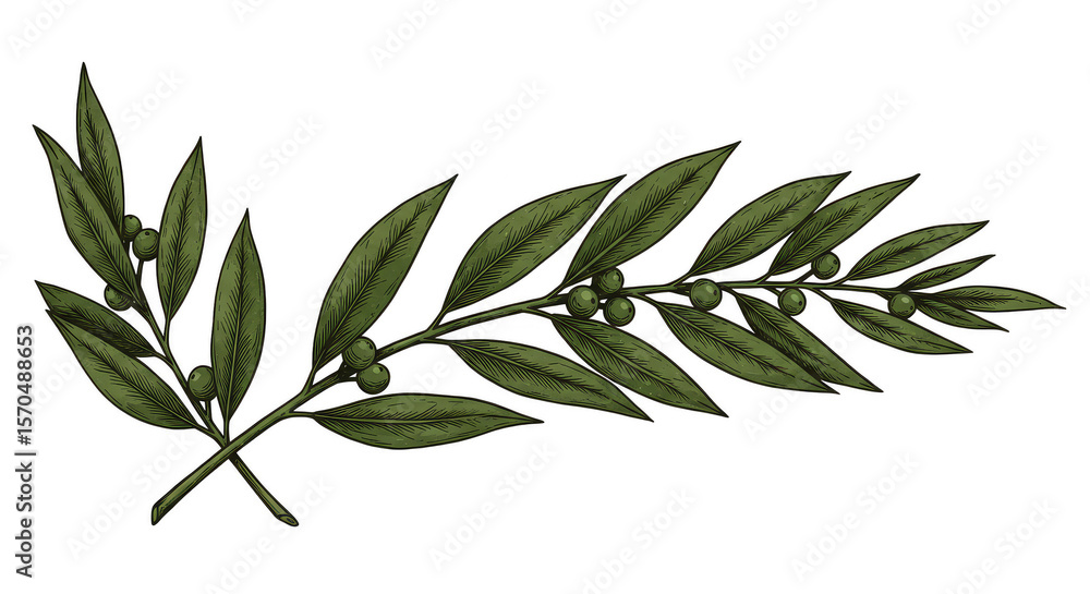 Fototapeta premium Green Olive Branch Foliage Transparent Illustration Design Element
