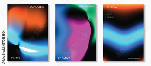 Modern gradient poster on dark background vector set. Cover template with vibrant perspective geometric shapes different. Modern Design for wall art, flyers, brochures, covers and web banners.