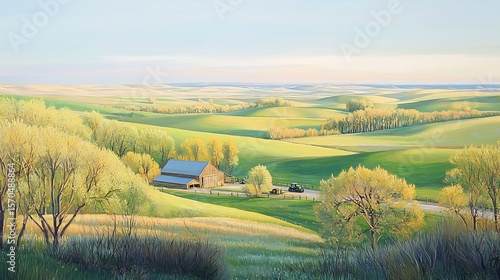 Idyllic Farmland Scene: Rolling Hills and Rustic Barn at Golden Hour
