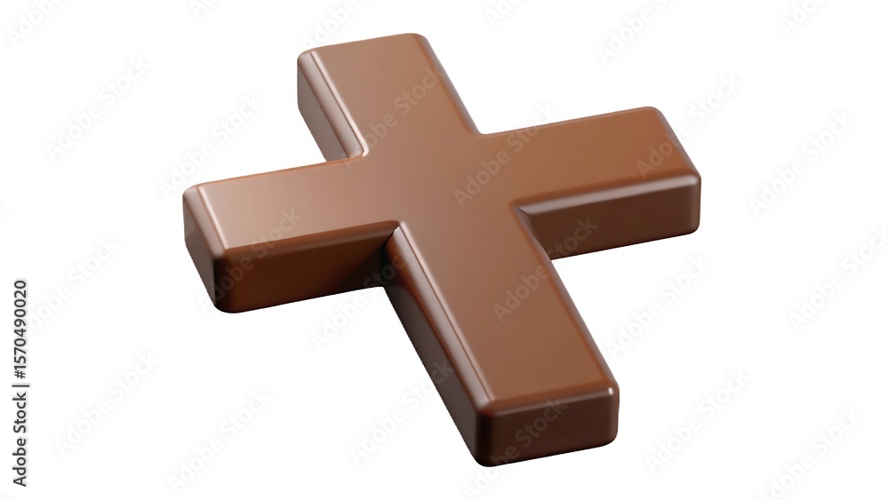 Obraz premium A smooth glossy three dimensional chocolate plus sign symbol isolated on a clean white background isolated on white background
