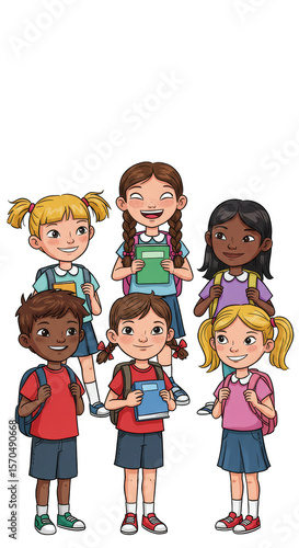 Happy School Children Group Illustration with Backpacks and Books PNG