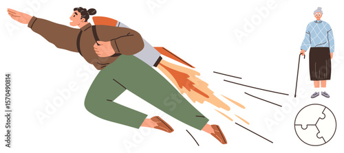 Young woman flying with rocket backpack symbolizing ambition and progress, beside senior woman and globe puzzle. Ideal for innovation, growth, support, teamwork, sustainability, success, motivation