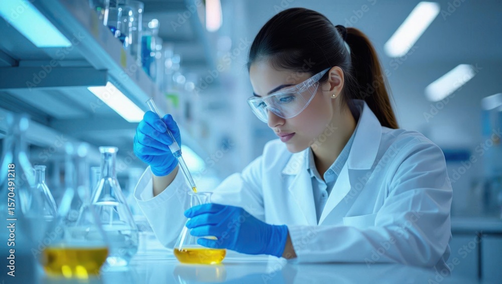 Focused female scientist in protective gear meticulously conducts a chemical experiment in a brightly lit modern laboratory setting Focused female scientist in protective gear meticulously conducts a chemical experiment in a brightly lit modern laboratory setting