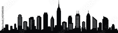 City skyline silhouette with tall skyscrapers, modern urban buildings, black cityscape design, metropolitan architecture, downtown view, vector illustration