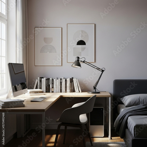 Stylish Corner Desk Setup in Scandinavian Bedroom
