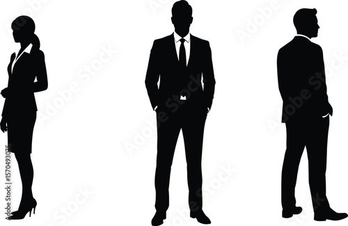 Corporate silhouette team, business people in suit, professional posture, leadership concept, male female executives, standing pose, office attire style