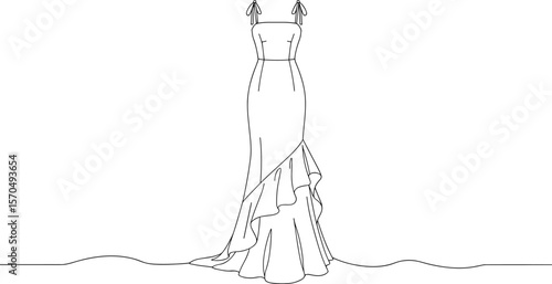 Flat fashion sketch of elegant long dress with shoulder tie straps and ruffle hem, vector technical drawing for evening wear template