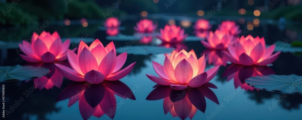 Fototapeta premium Floating lotus lanterns illuminate calm water, reflections visible; copy space , buddhist, meditation, nature
