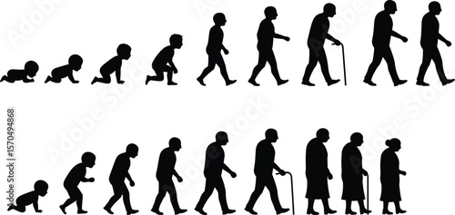 Human life stages silhouette illustration, baby to elderly, evolution of growth, aging process concept, black vector, isolated on white