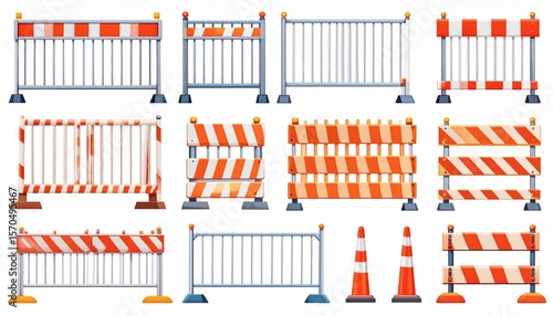 Set of elements for temporary fence. Movable barriers for road, repair, emergency 