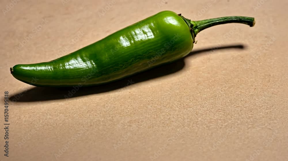 Fresh green chili pepper resting on a textured surface, highlighting its vibrant color and natural shape