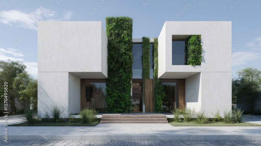Obraz premium Minimalist duplex in pure geometric form with vertical garden integration cool daylight highlighting structural clarity planting textures precise