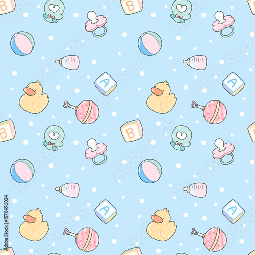 Seamless pattern for kids, decorated with cute toys and accessories, perfect for fabric and wall decoration.