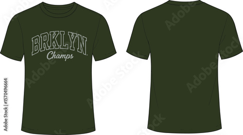 Graphic T-Shirt Mockup, BRKLYN Champs Tee, Sports Tee Template, Dark Green Shirt Vector, Unisex T-Shirt CAD
