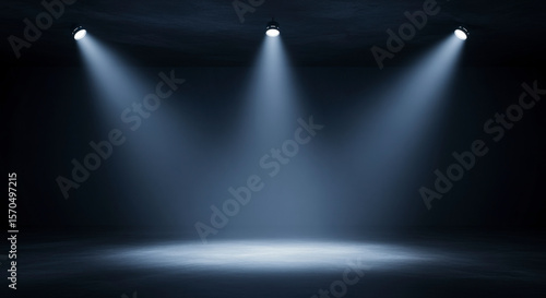 Dark Room Illuminated By Three Spotlights Projecting Light Beams Onto Floor And Forming a Central Focus Area