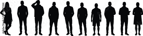Silhouette group of diverse people, standing casual pose, black human figures, male female body shapes, isolated vector illustration collection