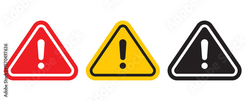 Attention Icon Set. Danger Caution or Alert Risk Warning png Symbol in a black filled and outlined style. Safety Notice Sign