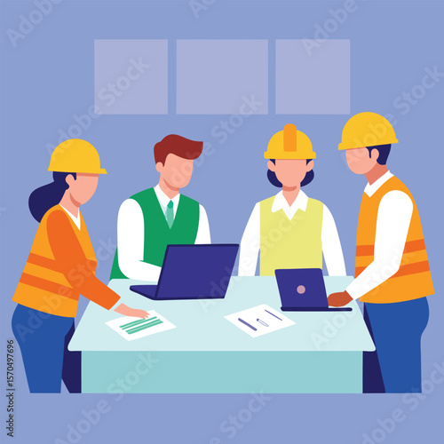 Engineers And Office Staff Discussing Architectural Design Plans