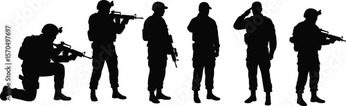 Silhouette of armed soldiers standing, aiming rifles, saluting, military gear, tactical units, combat ready, war training, defense force