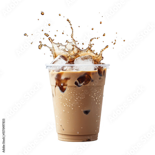 Refreshing iced coffee with ice cubes and a dynamic splash isolated on transparent background