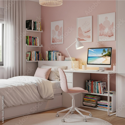 Pastel Pink Study Space for Teenager in Cozy Bedroom