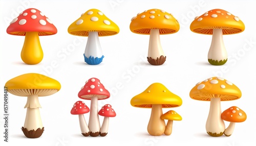 Mushroom 3d icon set. Various mushrooms. Isolated icons, objects on a transparent 