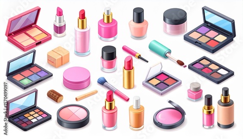 Different beauty makeup cosmetic product 3D style icon set vector illustration 