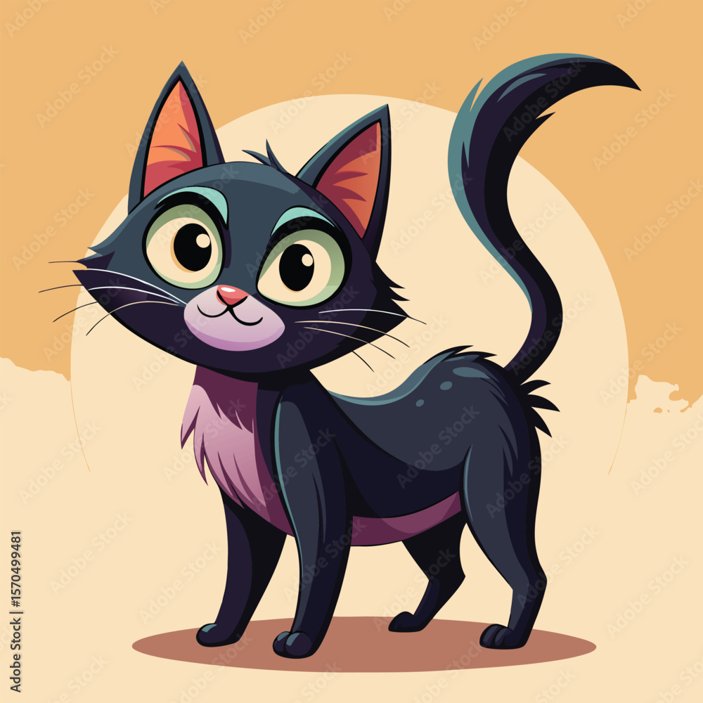 Obraz premium Cute cartoon black cat with big green eyes and fluffy tail silhouette