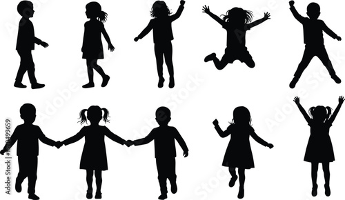 Silhouette of kids walking, jumping, playing, holding hands, black illustration of children activity, energetic movement, fun outdoor, childhood freedom
