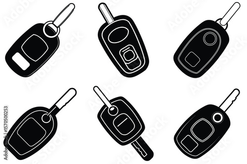 Collection of modern car keys and remote fobs in a black and white graphic style