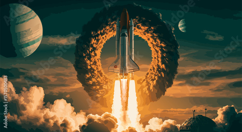 Space rocket launches from alien planet, vector sci-fi poster. EPS 10 version.