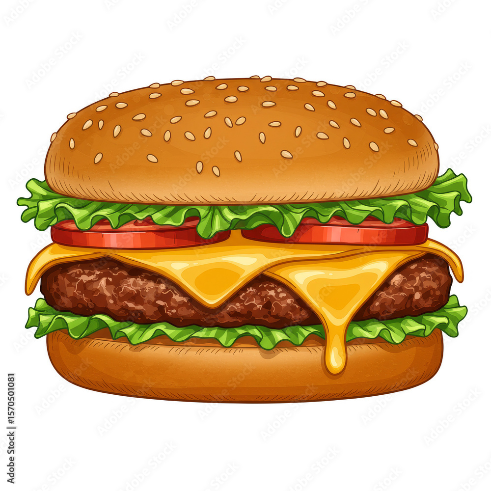 Illustration of Sesame Bun Beef Burger with Cheese and Vegetable Illustration of Sesame Bun Beef Burger with Cheese and Vegetable