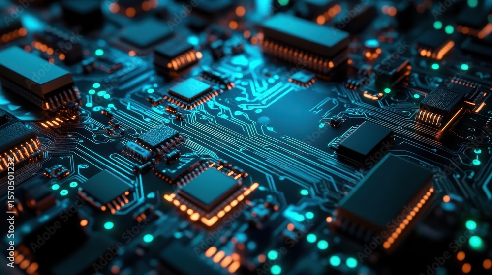 Detailed Macro Shot of a Computer Circuit Board with Blue Lights Detailed Macro Shot of a Computer Circuit Board with Blue Lights