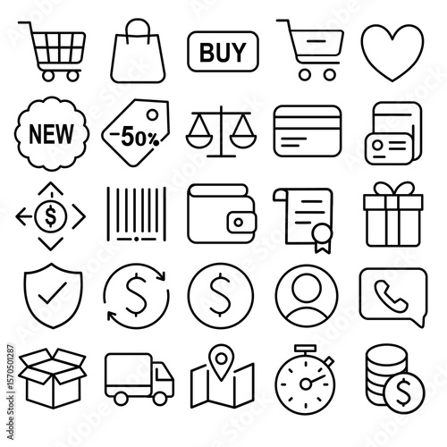 Icon set of shopping and finance symbols, white isolate background
