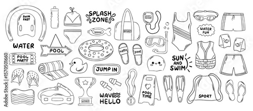 Hand drawn doodle icon set of summer swimming and pool accessories. Swim sport equipment. Vector illustration
