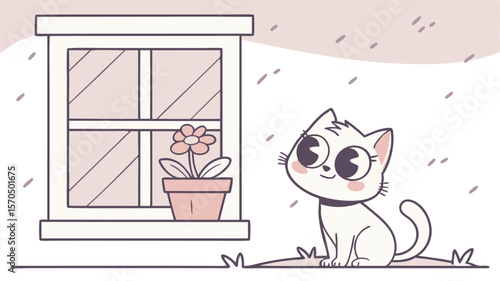 Adorable cartoon cat sitting comfortably on a windowsill illustration