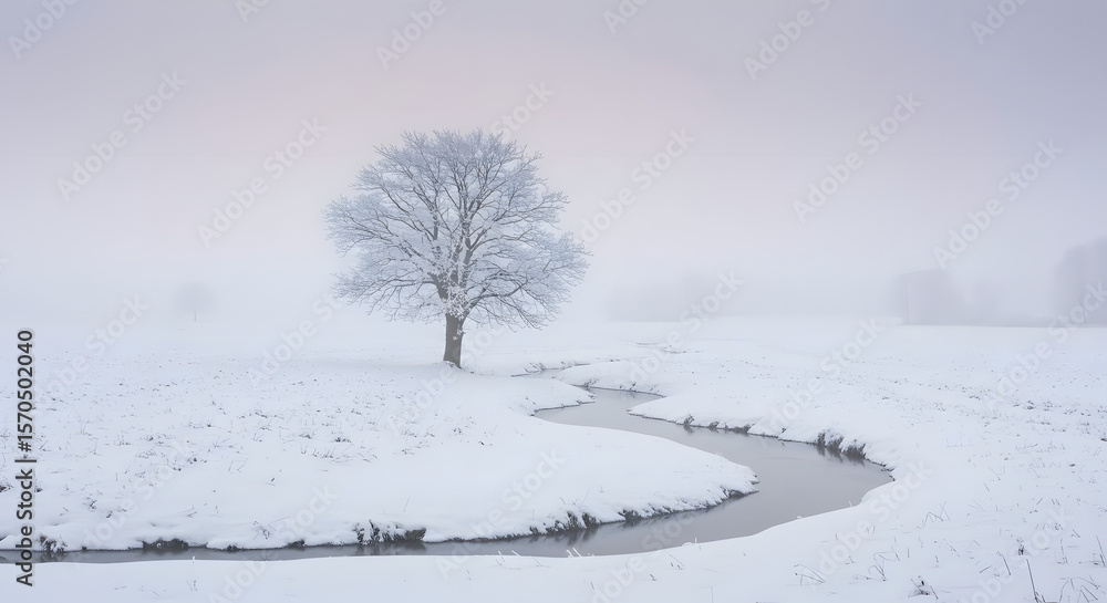 Snowy Landscape with Leafless Tree and Small Creek in Winter Scene Snowy Landscape with Leafless Tree and Small Creek in Winter Scene
