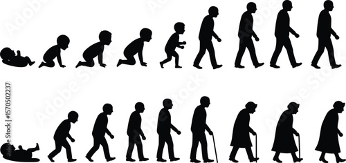 Silhouette timeline of human life stages from baby to elderly, growing up aging process concept, black vector evolution illustration