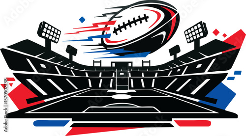 A stylized illustration of a football stadium with a speeding football soaring above the field.