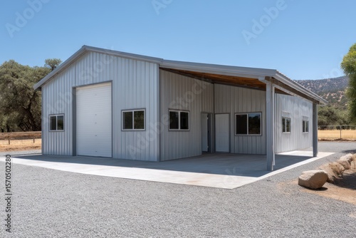 Shallow gable barn structure with corrugated aluminum walls bright midday sun strong overhead shadows on gravel drive entry