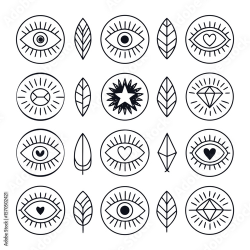 Hand-Drawn Boho Symbol Icons Set – Eyes, Stars, Crystals, Feathers & More