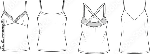 Set of women’s camisole top flat sketches, technical fashion CAD drawing, front and back view, stylish vector template design