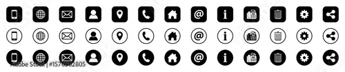 Vector icon set of contact and communication symbols. Includes outline, filled, and circular styles. Icons of phone, mail, user, location, home, trash, share, gear, info, and more.