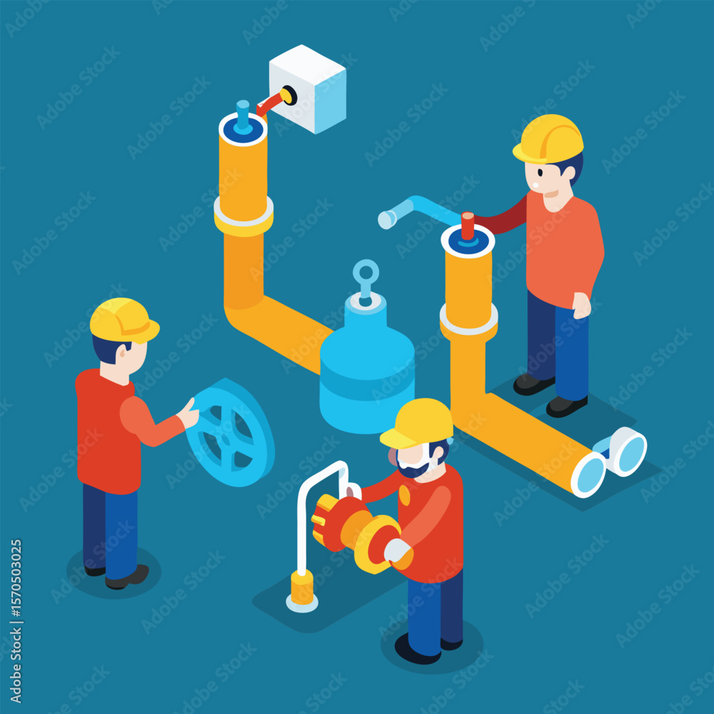 Technicians Checking Engineering Of Valves And Piping System Technicians Checking Engineering Of Valves And Piping System