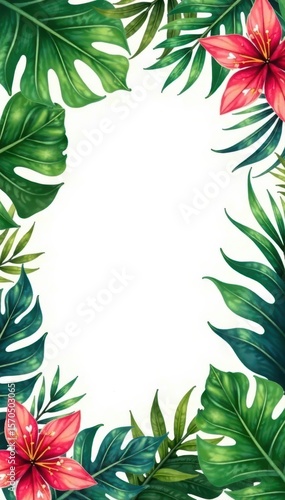 Vibrant hand-painted tropical leaf frame Perfect for cards & invites Copy space , wedding, artwork