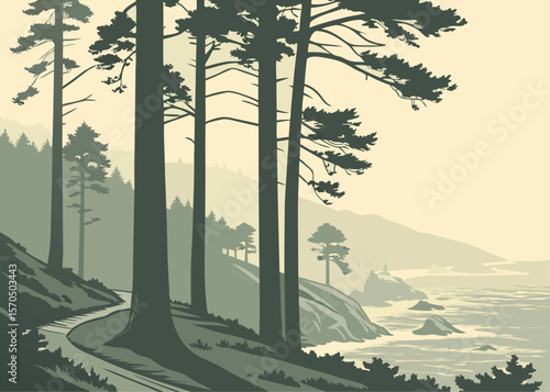 Vector Illustration of Foggy Redwoods by the Coast with Ocean Mist